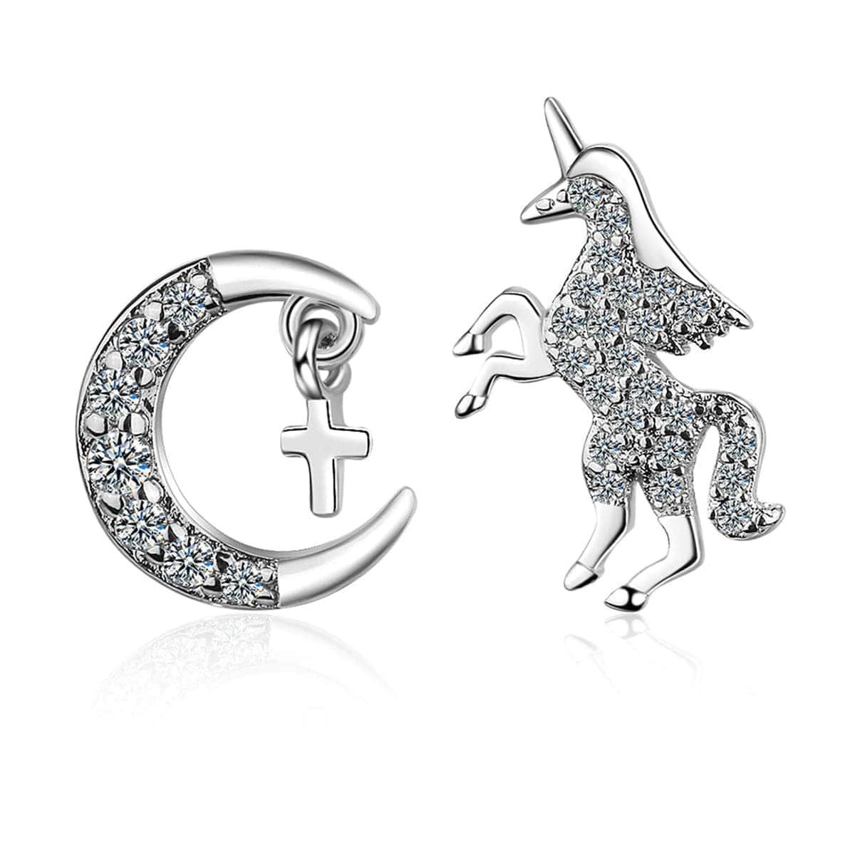 Cubic Zirconia & Silvertone Moon & Unicorn Stud Earrings
