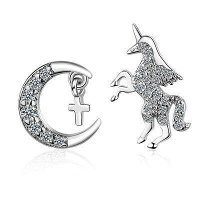 Cubic Zirconia & Silvertone Moon & Unicorn Stud Earrings