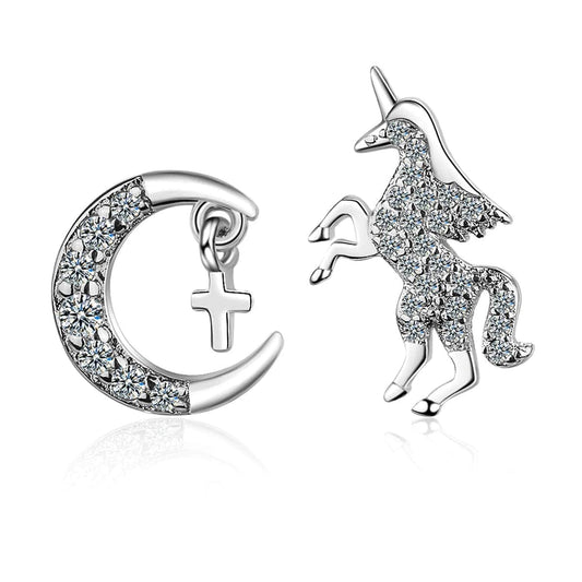 Cubic Zirconia & Silvertone Moon & Unicorn Stud Earrings