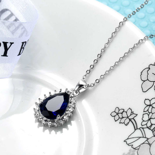 Navy Crystal & Silvertone Pear Pendant Necklace