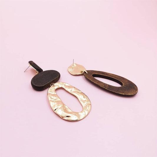 Wood & Goldtone Geometric Mismatched Drop Earrings