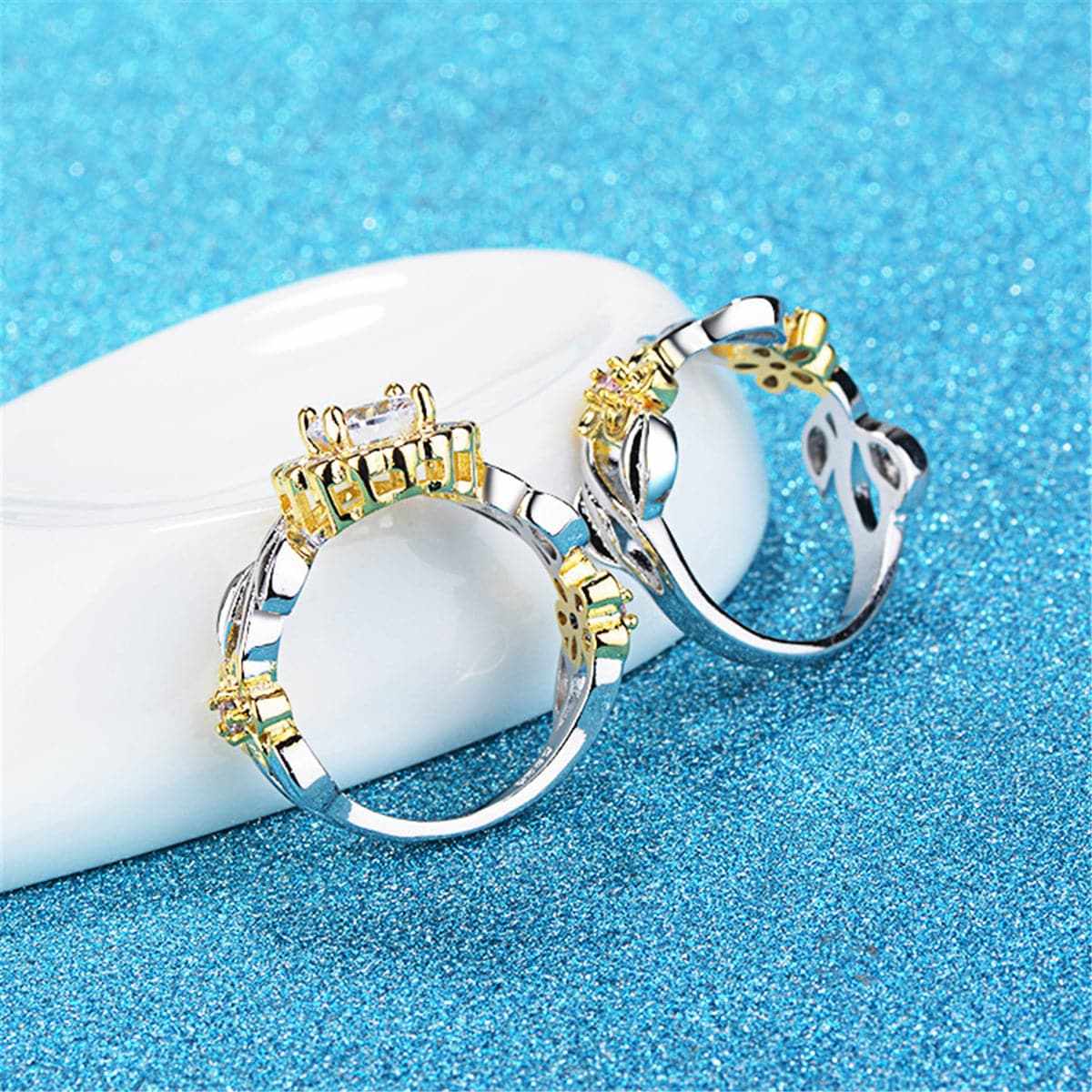 Cubic Zirconia & Two-Tone Flower Band Ring Set-7