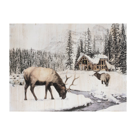 Melrose International Wooden Winter Reindeer and Lodge Plaque 17.5"H