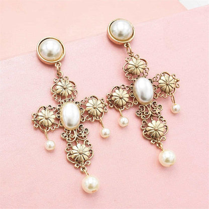 Pearl & Goldtone Floral Cross Drop Earrings
