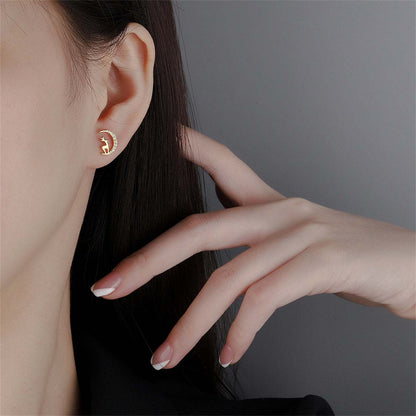 Moonstone & Goldtone Deer & Moon Mismatched Stud Earrings