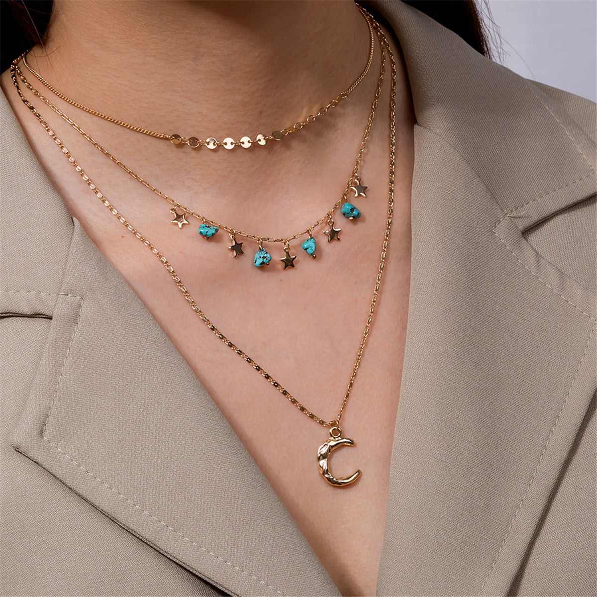 Turquoise & Goldtone Layered Celestial Necklace