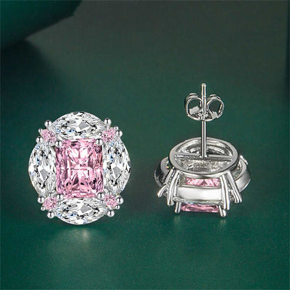 Pink Radiant & Marquise Crystal Silvertone Oval Stud Earrings