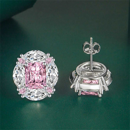 Pink Radiant & Marquise Crystal Silvertone Oval Stud Earrings