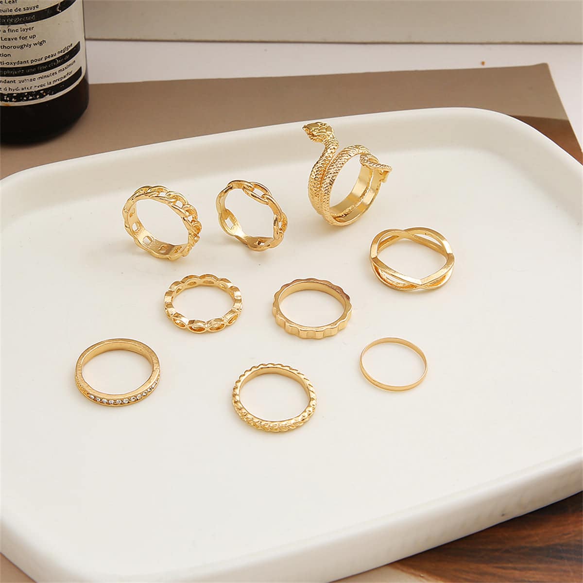Cubic Zirconia & Goldtone Snake Chain Ring Set