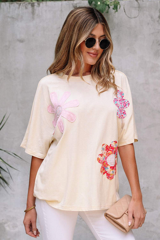 Hannah Flower Patched Loose Top - Apricot / M - 8/10