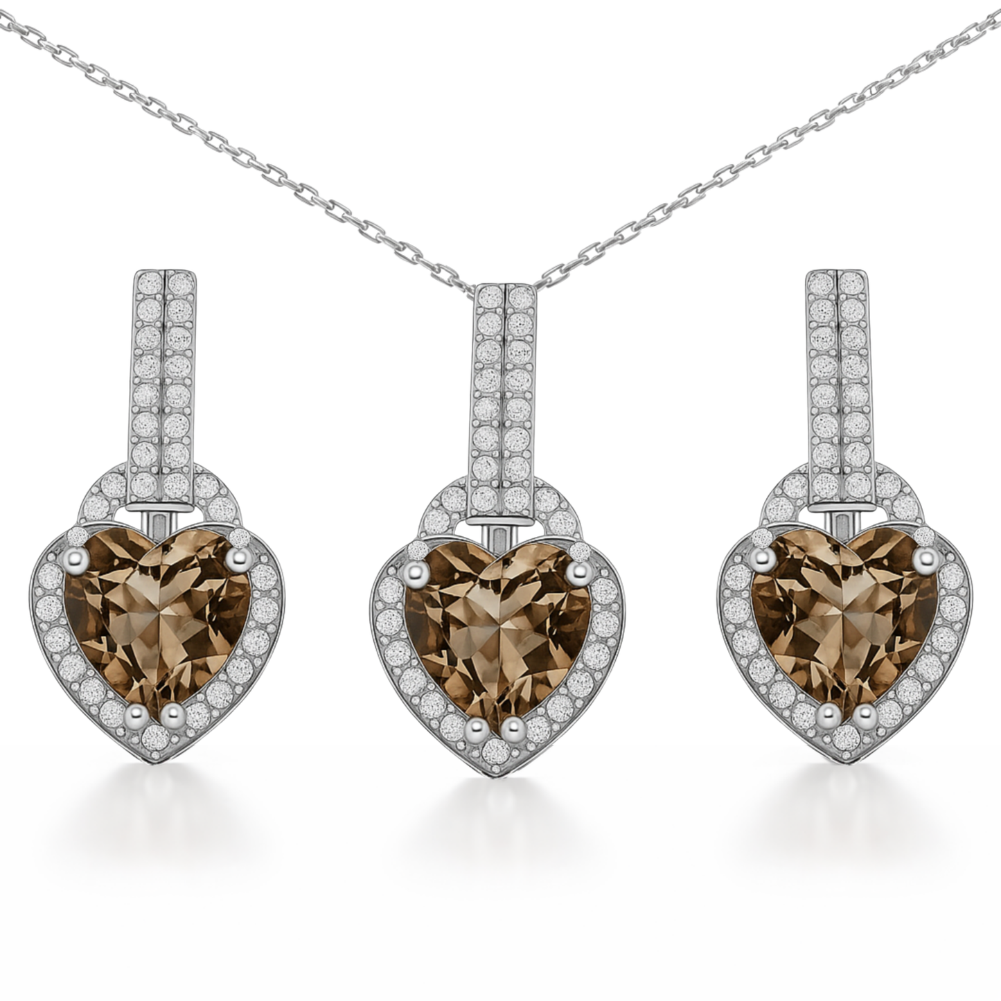Natural Brown Quartz Heart Sterling Silver Jewelry Set
