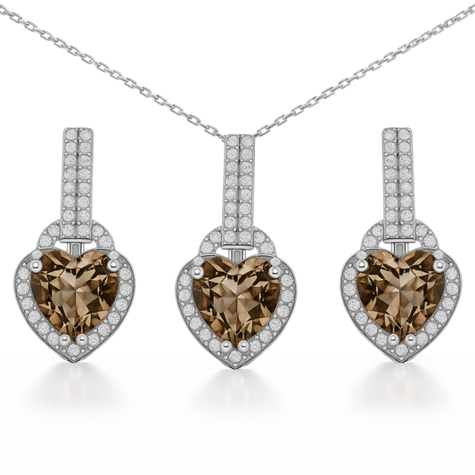 Natural Brown Quartz Heart Sterling Silver Jewelry Set