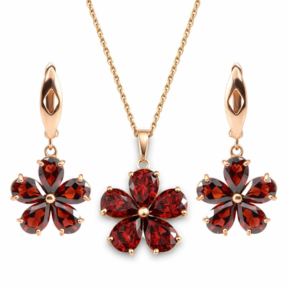 Natural Red Garnet Floral Sterling Silver Jewelry Set