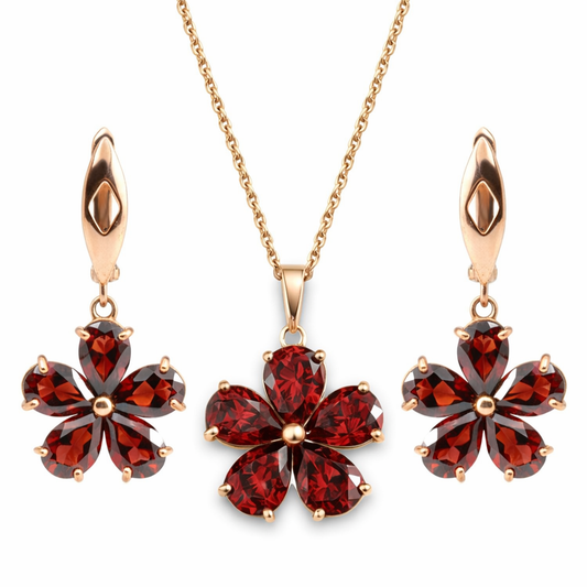 Natural Red Garnet Floral Sterling Silver Jewelry Set