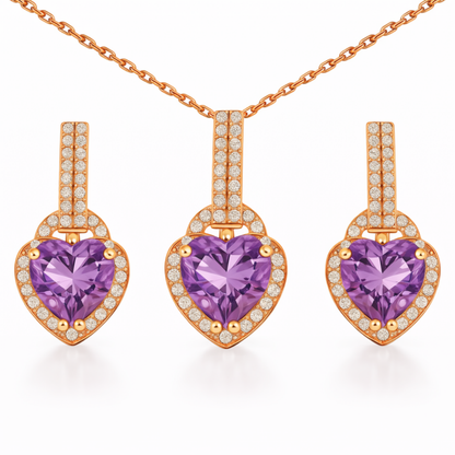 Natural Purple Amethyst Silver Heart Sterling Silver Jewelry Set