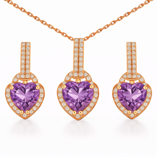 Natural Purple Amethyst Silver Heart Sterling Silver Jewelry Set