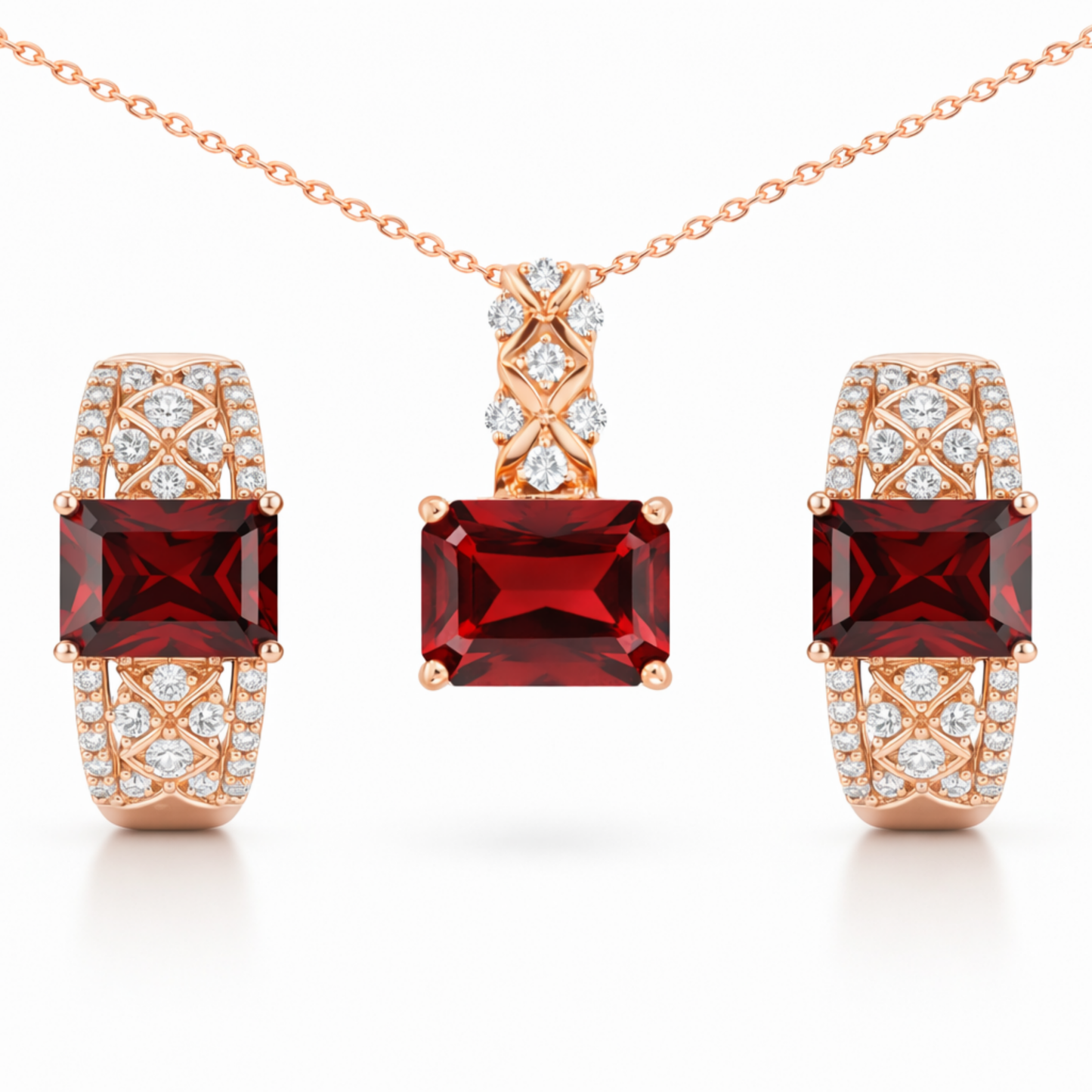 Natural Red Garnet & White Topaz Silver Jewelry Set