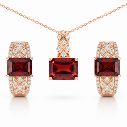 Natural Red Garnet & White Topaz Silver Jewelry Set
