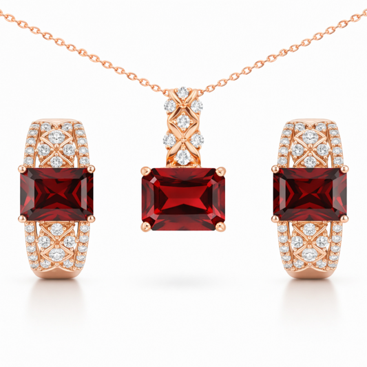 Natural Red Garnet & White Topaz Silver Jewelry Set
