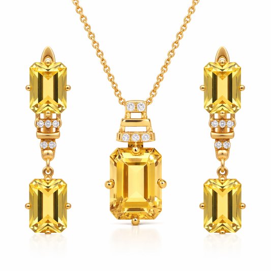 Natural Citrine Octagon Silver Drop Jewelry Set