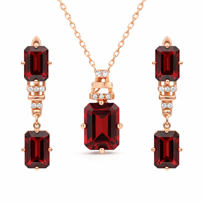 Natural Garnet & White Topaz Sterling Silver Drop Jewelry Set