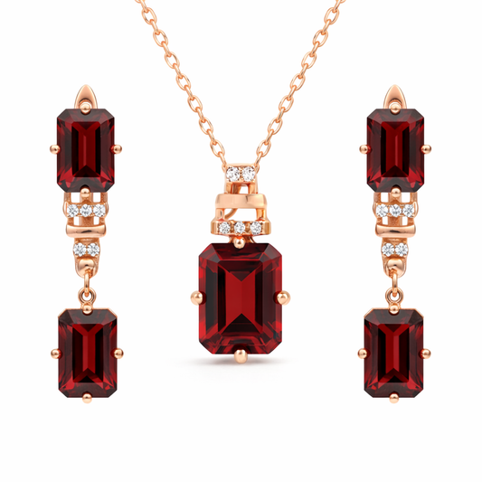 Natural Garnet & White Topaz Sterling Silver Drop Jewelry Set