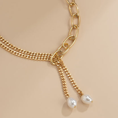 Pearl & Goldtone Asymmetrical Chain Lariat Necklace