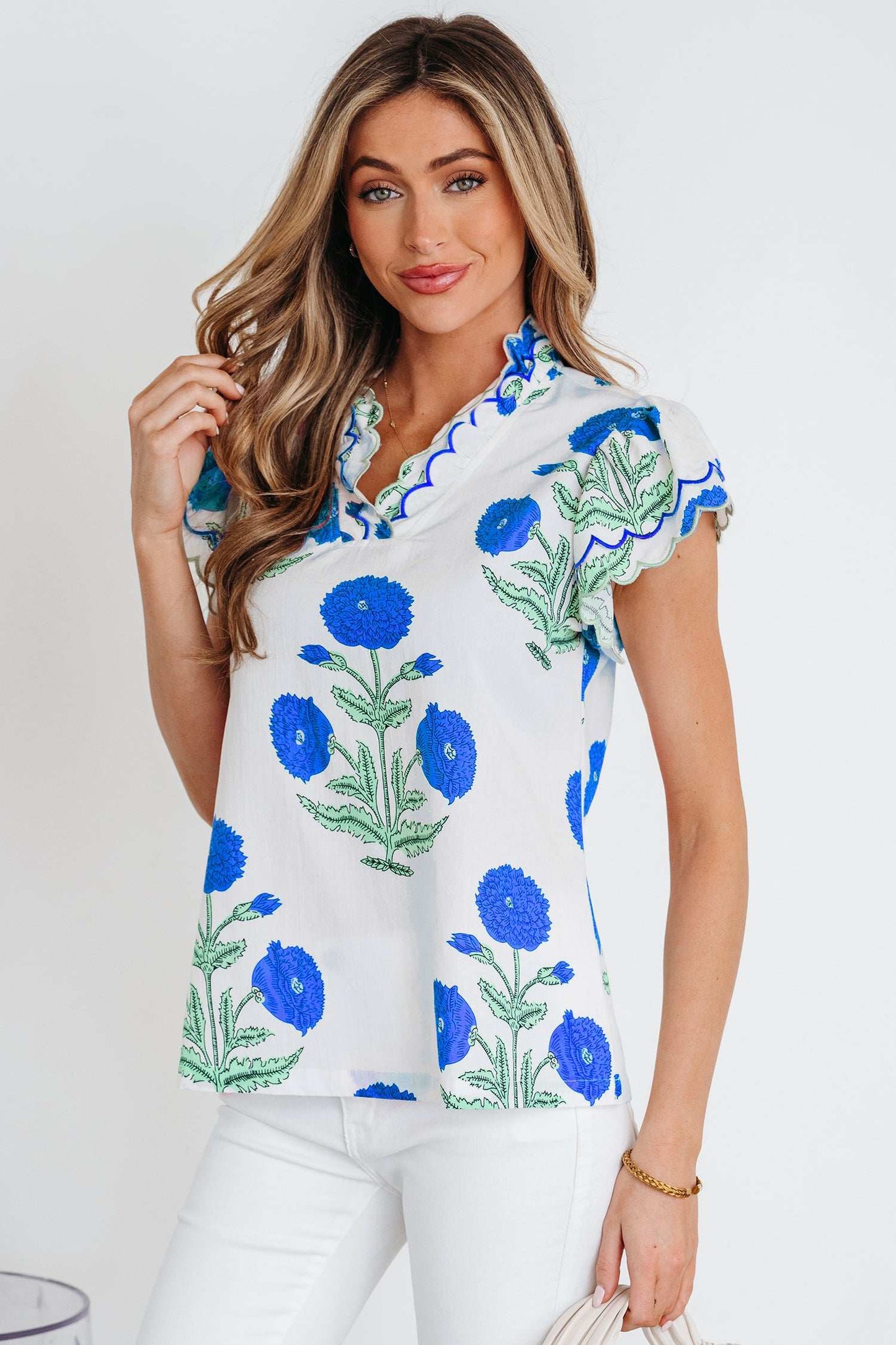 Raegan Detail Short Sleeve Blouse - Blue / L - 12/14