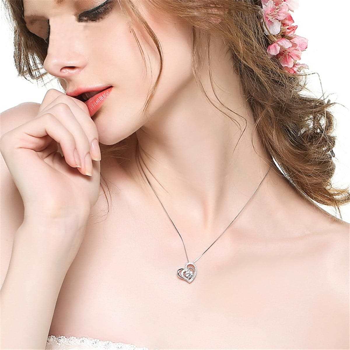 Crystal & Silvertone Heart Pendant Necklace