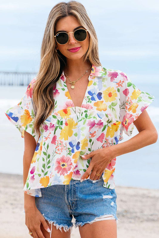 Threaded Pear Liberty Floral Boxy Fit Ruffled Short Sleeve V Neck Blouse