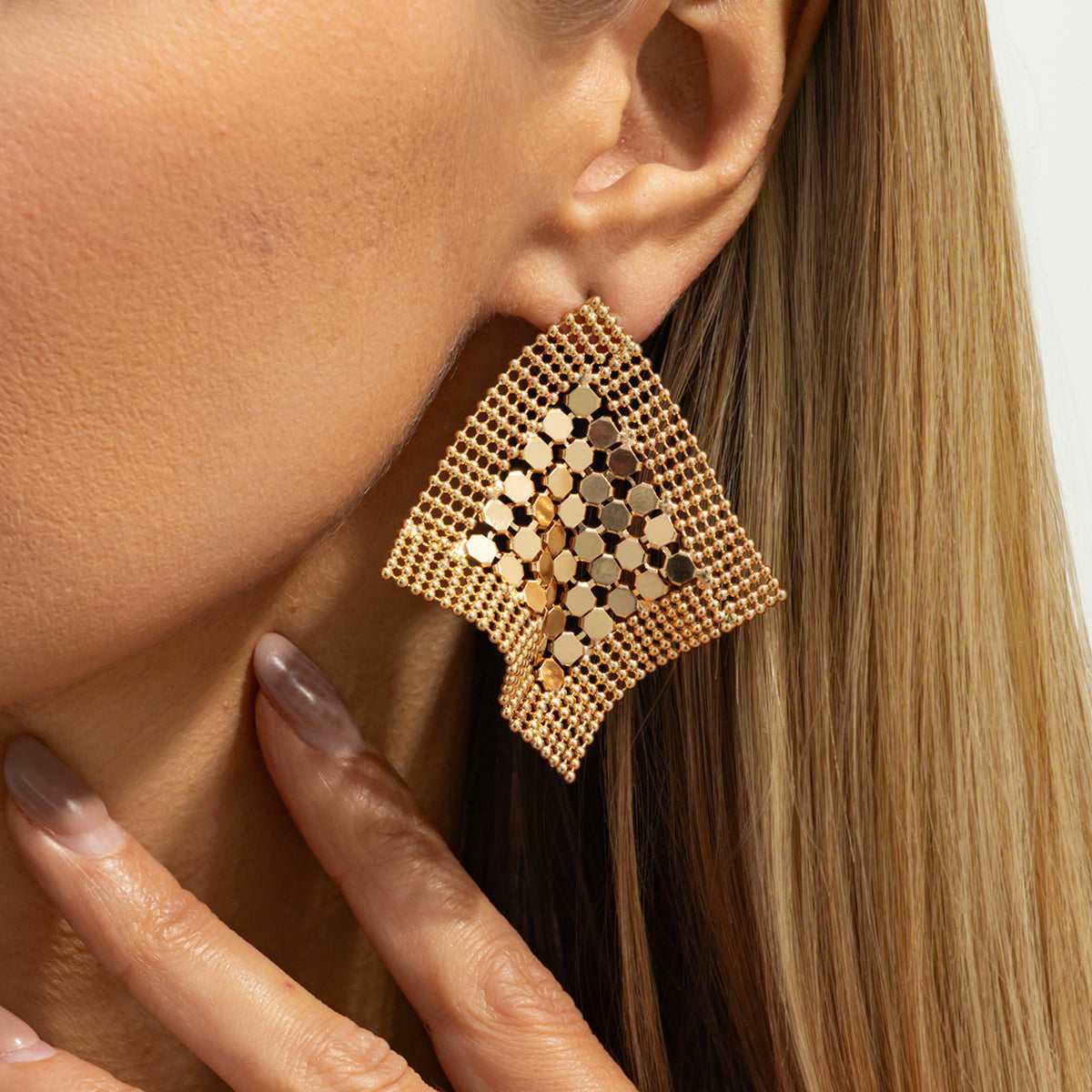 Goldtone Netted Sequins Rhombus Stud Earrings