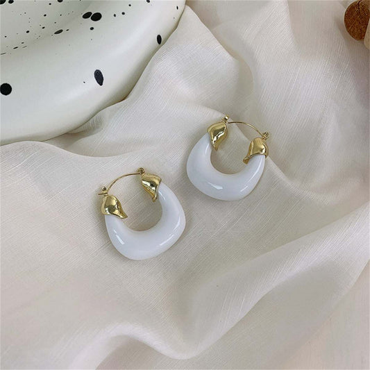 White Enamel & Goldtone U-Shape Huggie Earrings