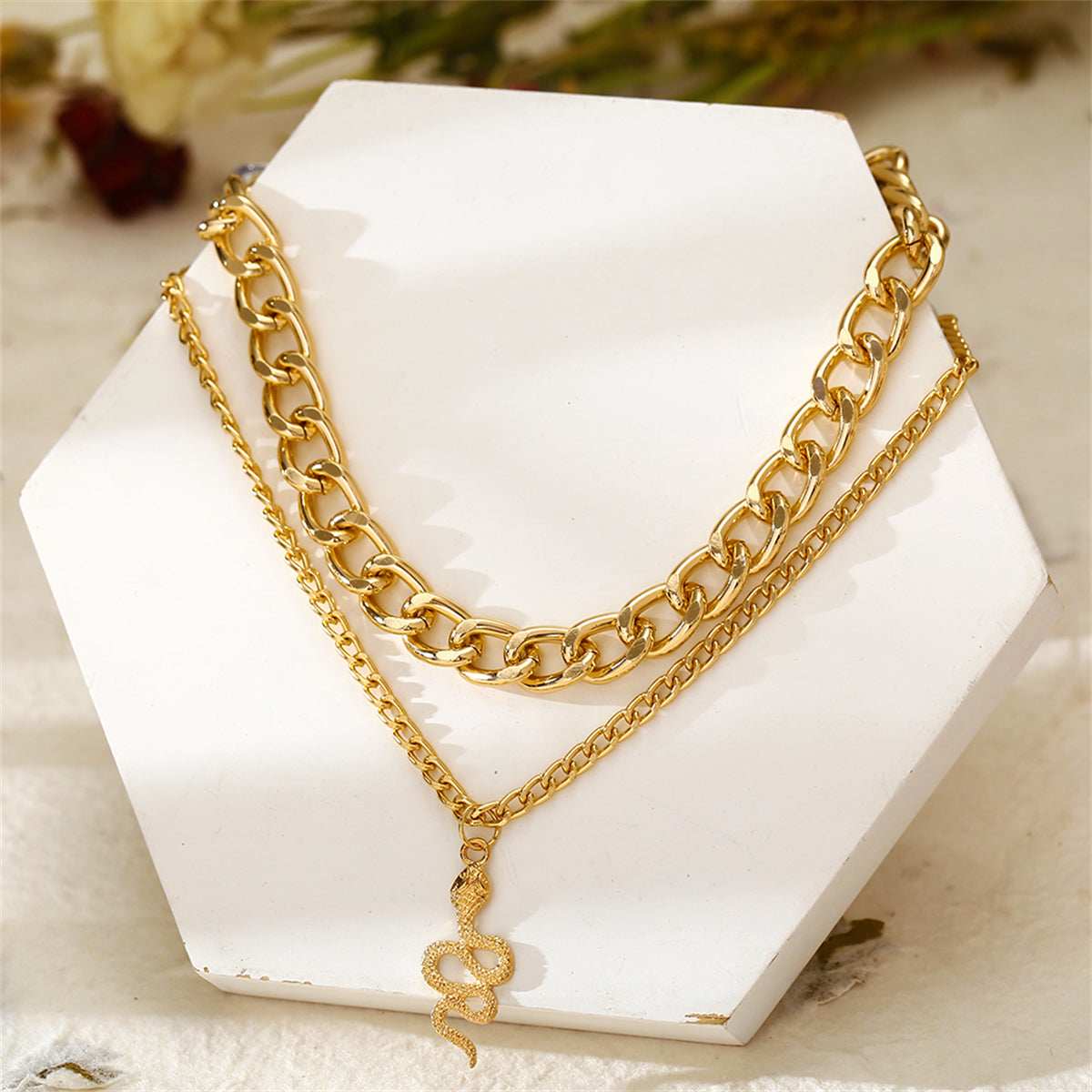 Goldtone Figaro Chain Snake Layered Pendant Necklace