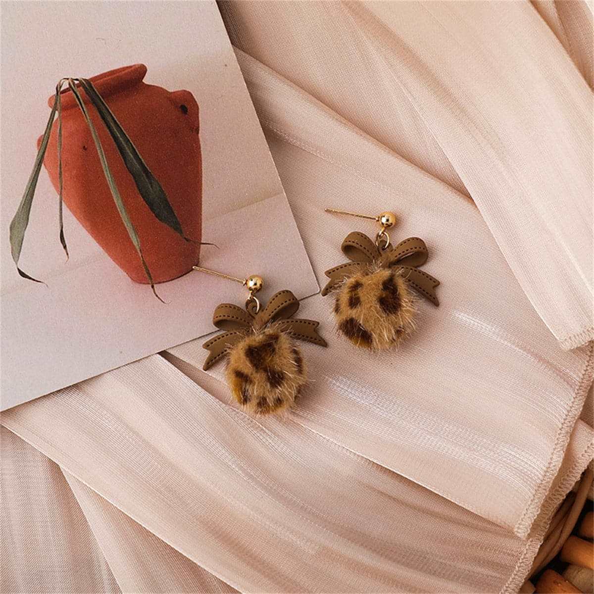 Brown Enamel & Pom-Pom Goldtone Leopard Bow Ball Drop Earrings