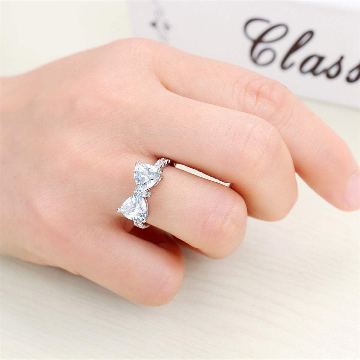 Crystal & Cubic Zirconia Silvertone Bow Ring-6