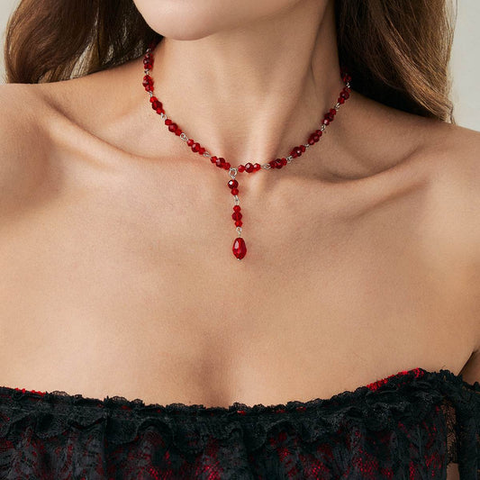 Red Acrylic & Silvertone Y-Necklace