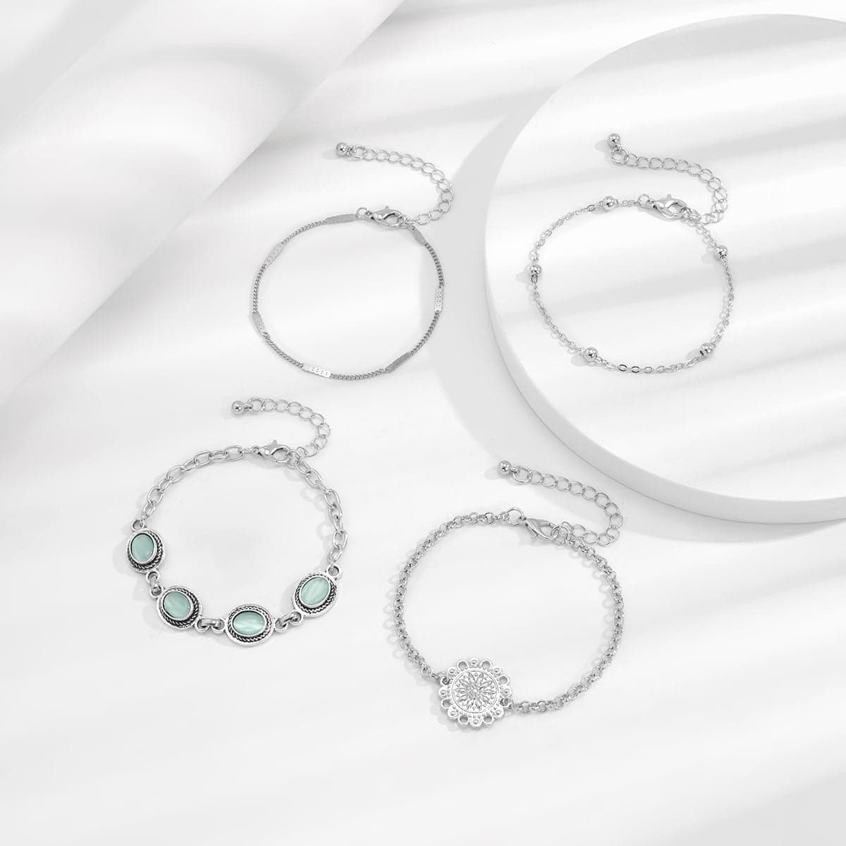 Cats Eye & Silvertone Oval Charm Bracelet Set