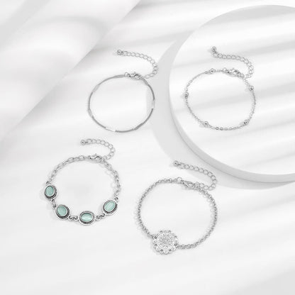 Cats Eye & Silvertone Oval Charm Bracelet Set