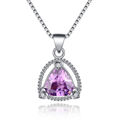 Purple Crystal & Silvertone Triangle Frame Pendant Necklace