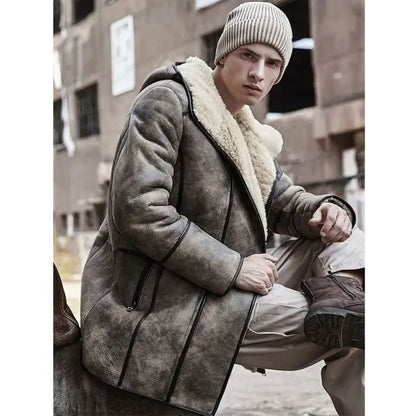 Men’s Bomber Shearling Fur Hooded Winter Long Leather Jacket Trench Coat