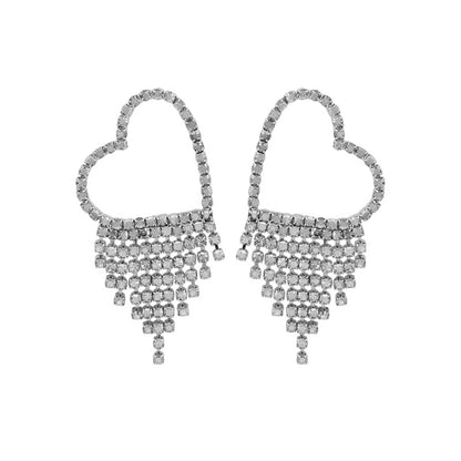Cubic Zirconia & Silvertone Heart Tassel Drop Earrings