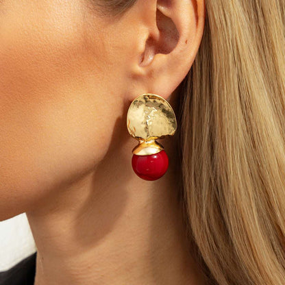 Red Resin & Goldtone Round Dangle Earrings