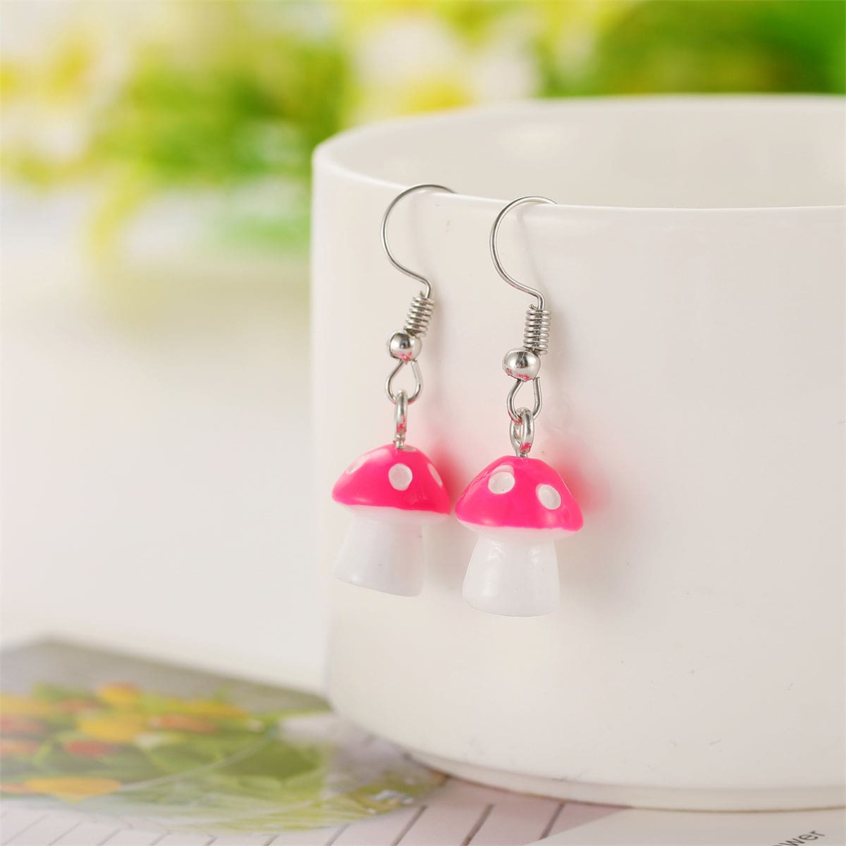 Rose Resin & Silvertone Dot Mushroom Drop Earrings
