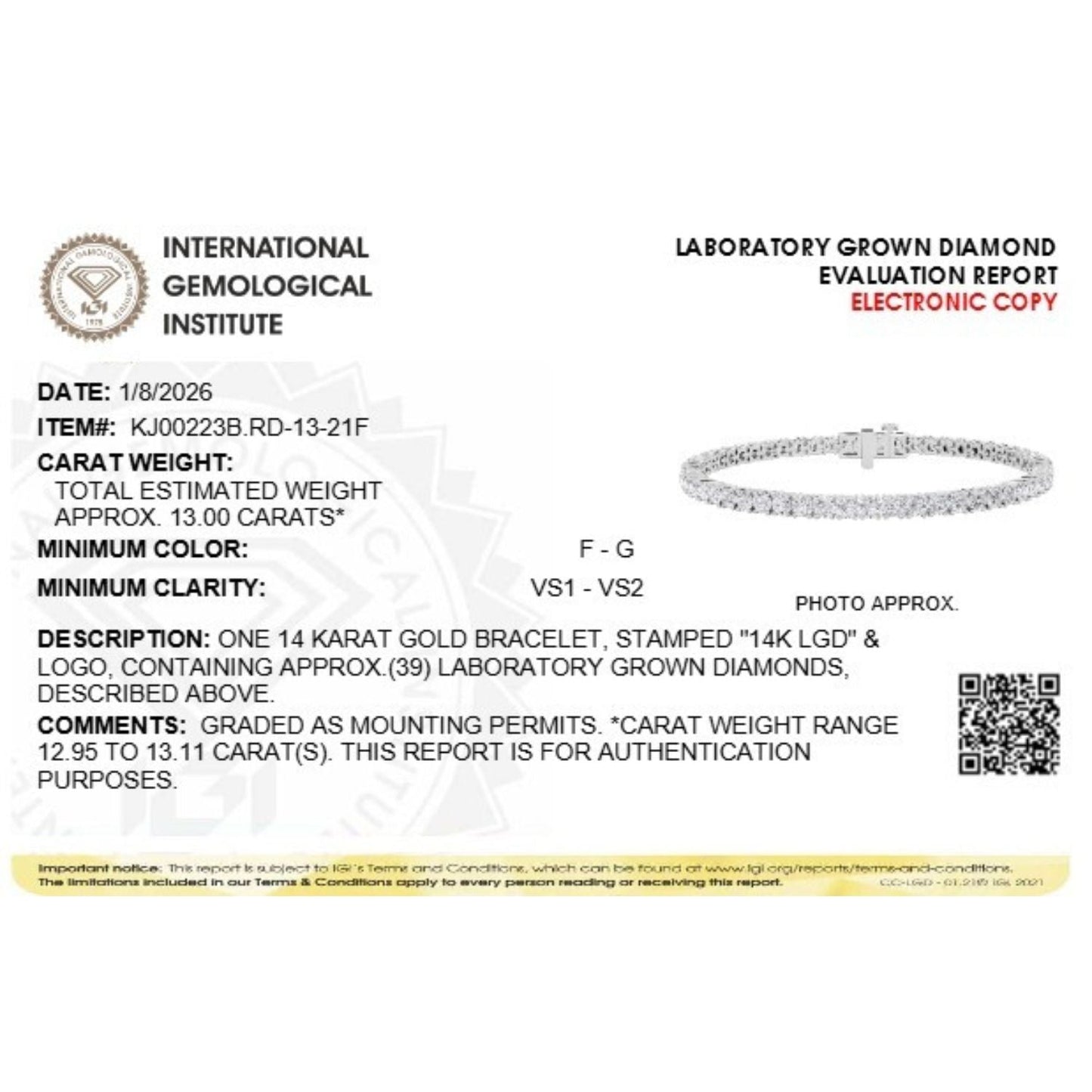 Round Shaped Lab Grown Diamond (F/VS) Classic Tennis Bracelet in 14K White Gold