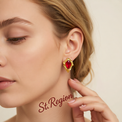 Red Resin & Goldtone Wrinkled Rhombus Stud Earrings