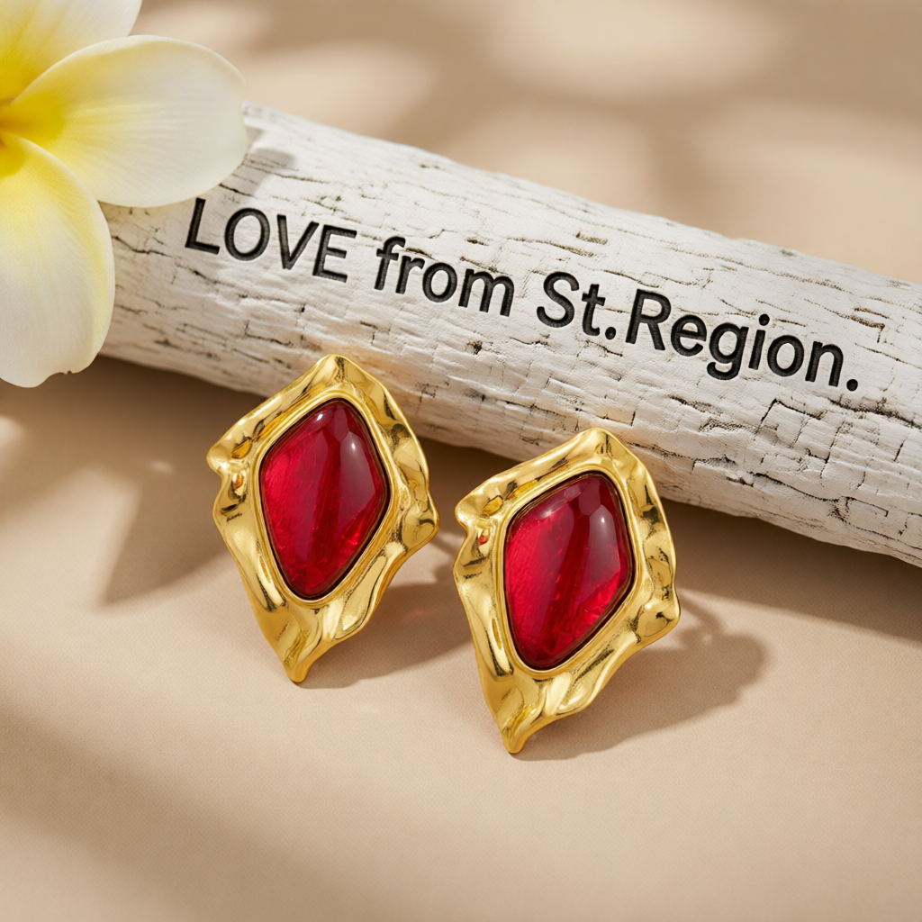 Red Resin & Goldtone Wrinkled Rhombus Stud Earrings