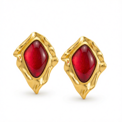 Red Resin & Goldtone Wrinkled Rhombus Stud Earrings