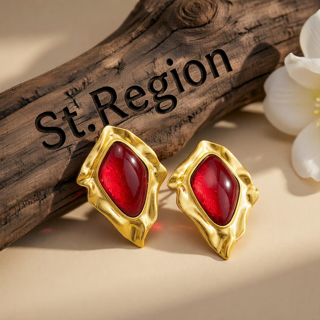 Red Resin & Goldtone Wrinkled Rhombus Stud Earrings