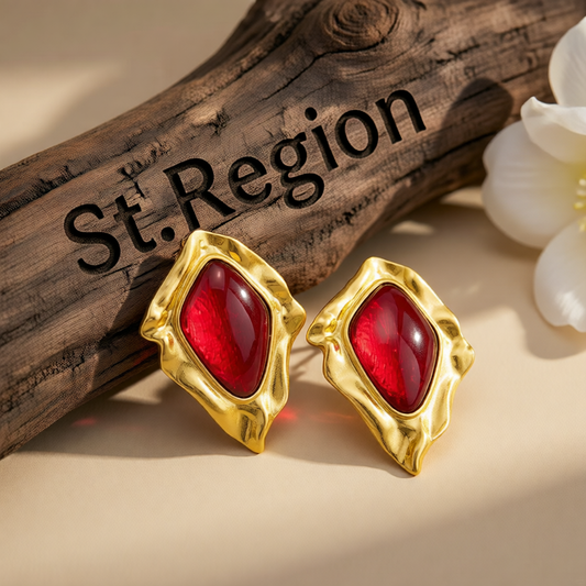 Red Resin & Goldtone Wrinkled Rhombus Stud Earrings