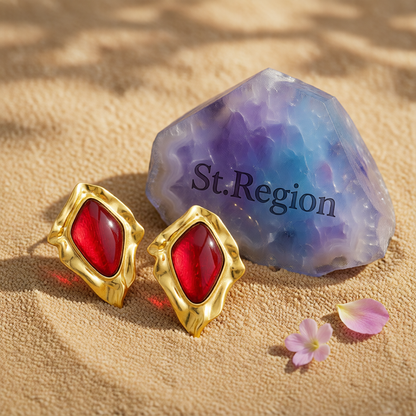 Red Resin & Goldtone Wrinkled Rhombus Stud Earrings